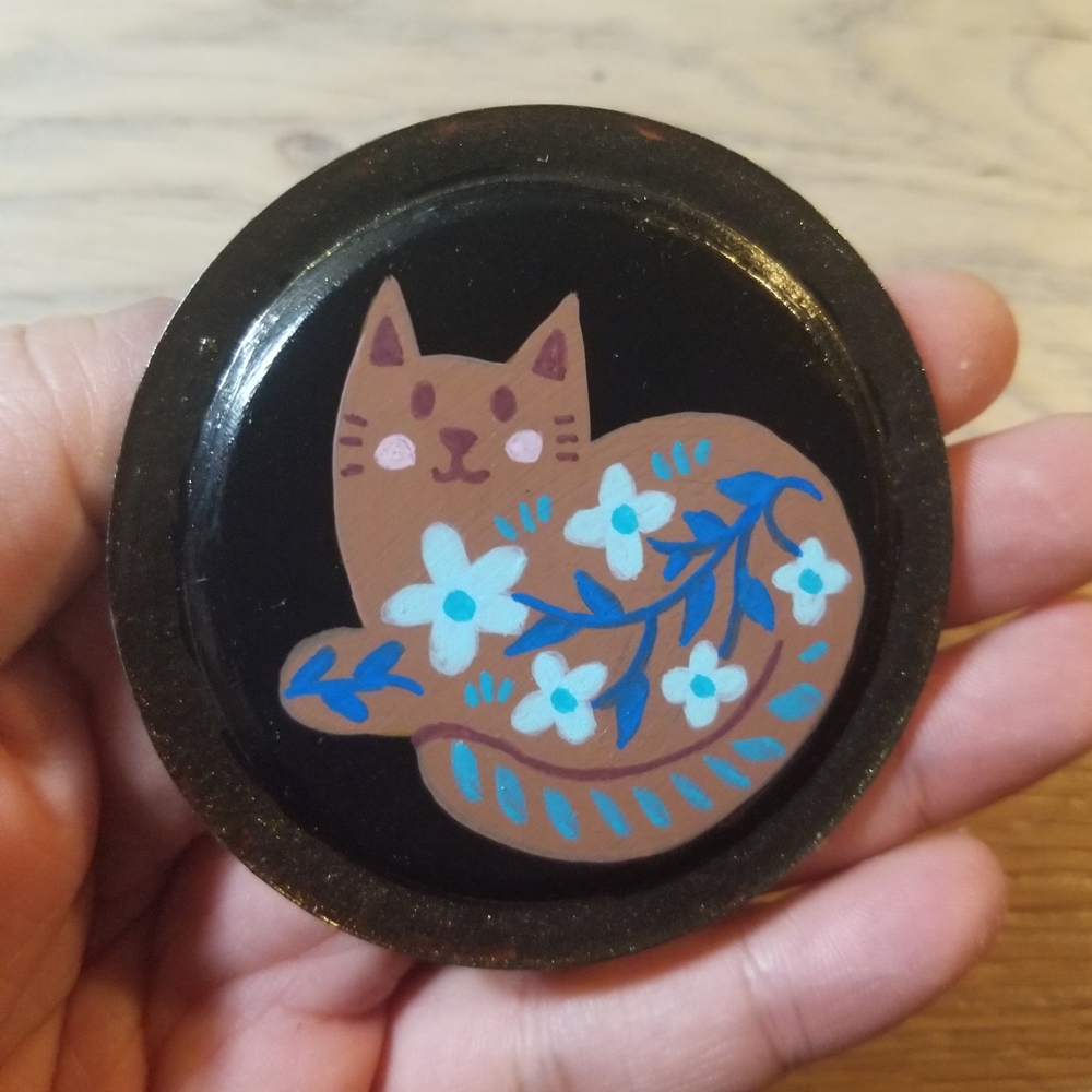 Handcrafted Brown Cat Coaster with Floral Design